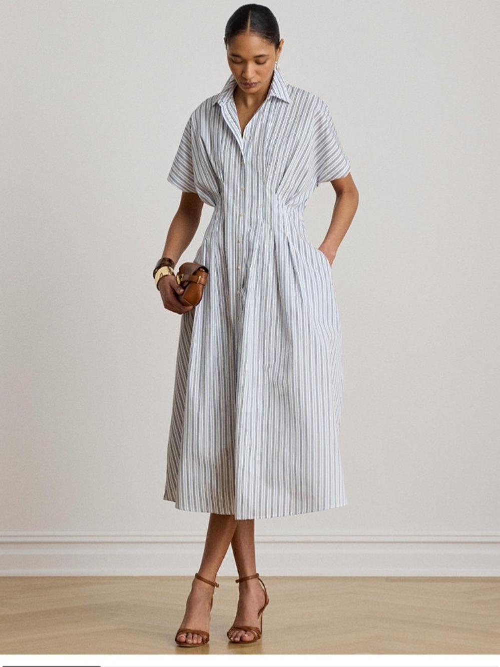 Ralph Lauren Striped Pleated Broadcloth Shirt Dress Size 12 NWT